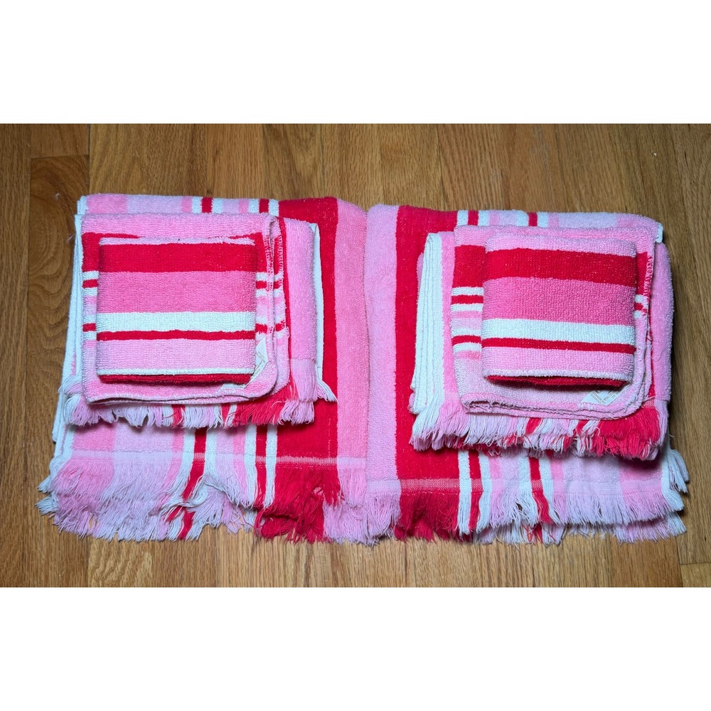 Vintage Cannon 8 Piece Towel Set Pink Red White Striped Fringe Cotton USA Made